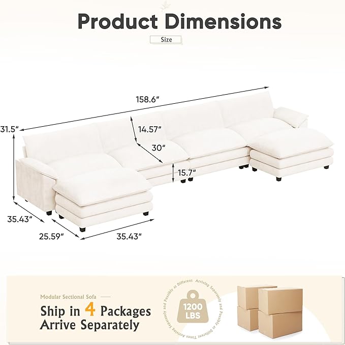 Furniwell 159 Modern Couches Sectional Sofa with Movable Ottoman U Shaped Sofa Couch with Comfy Chenille and Deep Seat 4-Seat Cloud Couch for Living Room Bedroom and Apartment