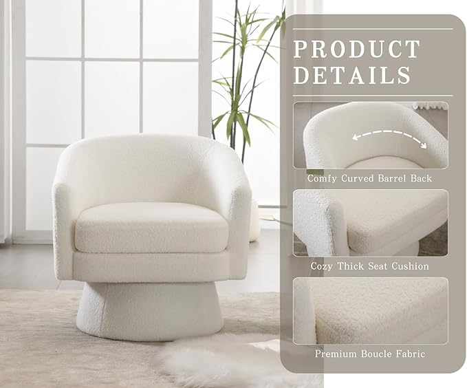 Boucle Swivel Accent Chairs Set of 2 White Barrel Arm Chair Round Cozy Upholstered Modern Sherpa Fabric Single Sofa Chair for Living Room/Bedroom/Reading