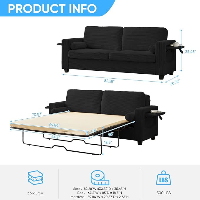 Mjkone 82 Width Queen Size Pull Out Sofa Bed Sleeper Couch with Pull Out Beds 2-in-1 Convertible Corduroy Loveseat Sleeper Sofa Couch Bed with Folding Mattress for Living Room Home Apartment Black