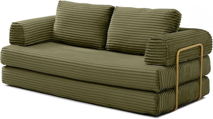 HANXIN 80 Inch Convertible Sleeper Sofa Bed High Back Plush Corduroy Folding Floor Mattress Couch with Fixed-Shape Frame Boneless Futon Loveseat with Pull Out Bed No Assembly Required (Green)