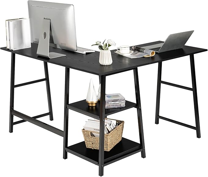 Tangkula L Shaped Desk Space Saving Corner Desk w/ 2 Tier Storage Shelves Study Writing Desk Workstation with Reinforced Metal Frame Home Office Desk (Black)