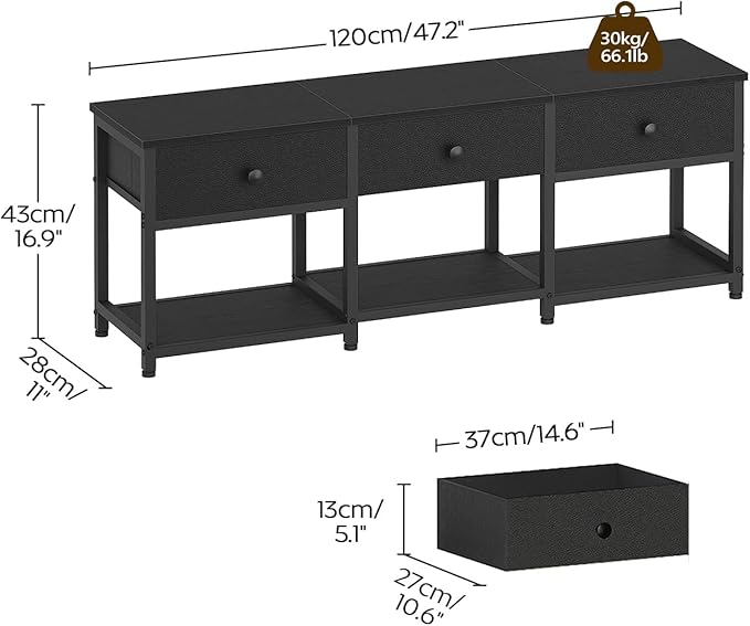 TV Stand with 3 Fabric Drawers for up to 50 Inch TV 47.2 Industrial Media Console Entertainment Center with Shelves for Living Room Bedroom Home Office Black DS12BB