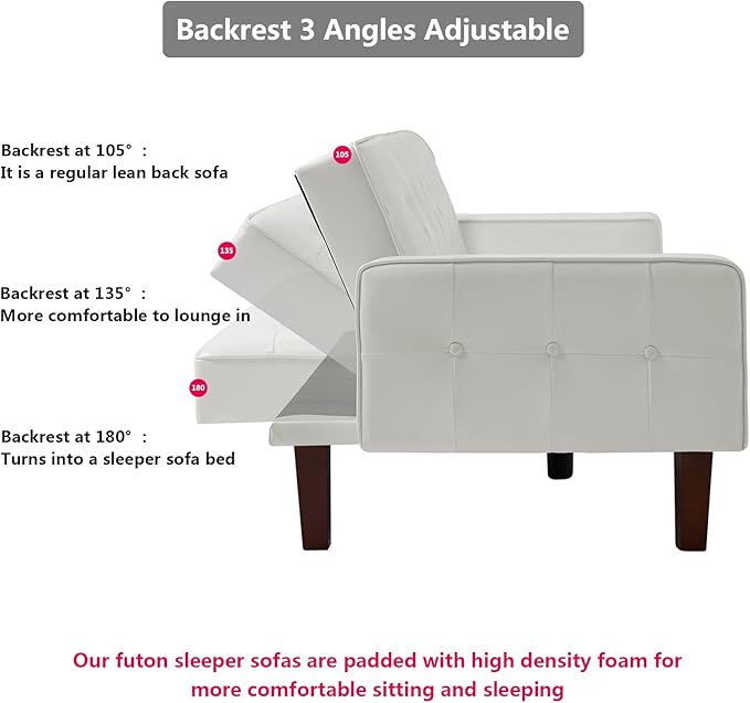mikibama PU Faux Leather Futon Sofa Couch Upholstered Convertible Sleeper Sofa Bed Futons Modern Tufted 3 Seater Sofa Bed Couch for Living Room Apartment Small Spaces with Solid Wood Legs