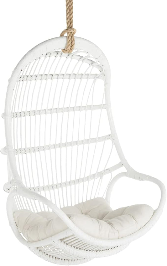 KOUBOO Hanging Rattan Swing Chair with Seat Cushion Handwoven Natural Rattan Chair Coastal Home Decor Furniture for Bedroom Living Room &amp Sun Room White