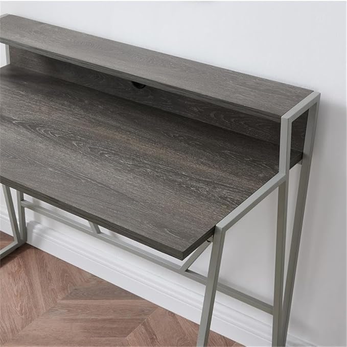 Pemberly Row 44 L x 23.75 W Writing Desk Weathered Wood and Nickel Finish HPL Worksurface Iron Frame MDF Shelf Cable Management 30 Clearance Home Office Desk with Riser Shelf