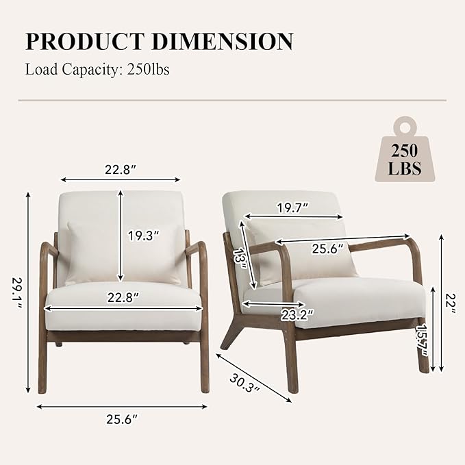 Minimalist Accent Chair Velvet Upholstered Mid-Century Modern Chair with Pillow Lounge Arm Chair with High Backrest Comfy Reading Chair for Living Room Balcony (White-Light Brown)