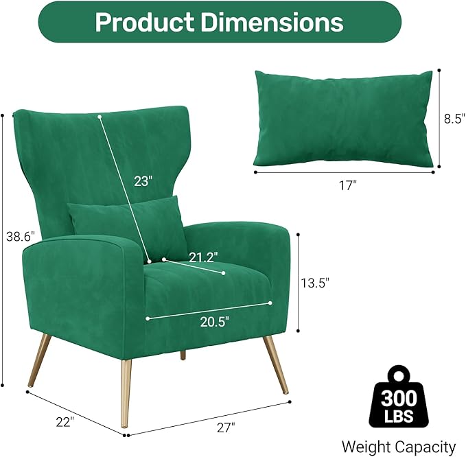 Velvet Accent Chair Wingback for Living Room High Back Arm Chair with Golden Legs Lumbar Pillow Upholstered Single Sofa Bedroom Green