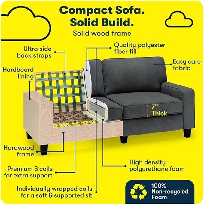 Pemberly Row 73 Track Arm Sofa Charcoal Removable Covers Polyester Upholstery Compact Space-Saving Design High-Density Foam Cushion Solid Wood Frame Modern Living Room Seating