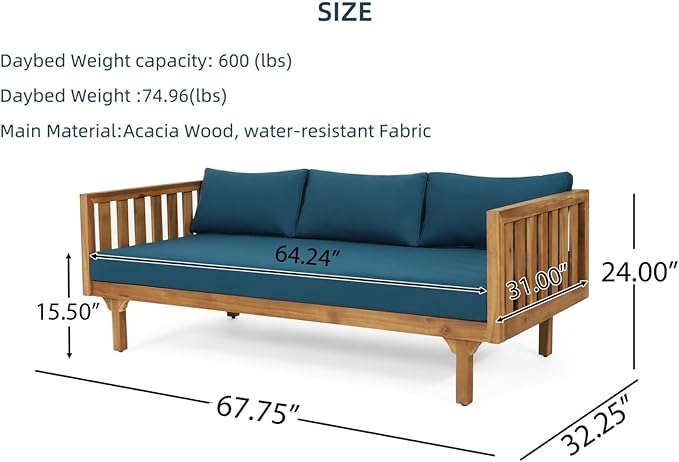 Merax Solid Acacia Wood Couch Chaise Lounge Chair Indoor 3 Seater Daybed Sofa Couches with Cushions &amp Pillow Heavy Frame Day Bed for Living Room Office Outdoor Balcony Patio Water Resistant