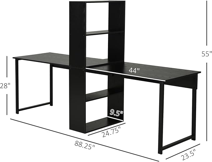 HOMCOM 88 Extra Long 2-Person Computer Desk with Storage Shelves Combo Double Workstation Storage Study Writing Table for Home Office Bookshelf Black