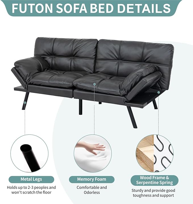 MUUEGM 71 Futon Sofa Bed with Memory FoamFuton Couch with Adjust Backrest and Armrest Couches Bed for Living RoomStudios Apartments Dormitories Offices and Game Room.Matt Black Leather Sofa Bed