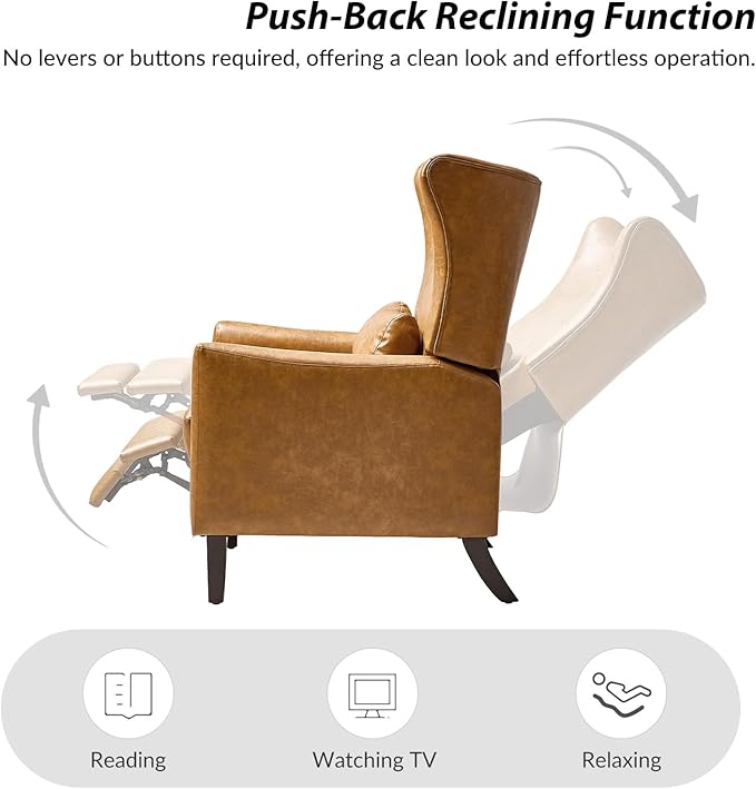 HULALA HOME Wingback Recliner Chair Faux Leather Upholstered Armchair with Lumbar Pillow Thick Padded Cushion and Solid Wood Legs for Living Room &amp Bedroom Set of 2 Camel