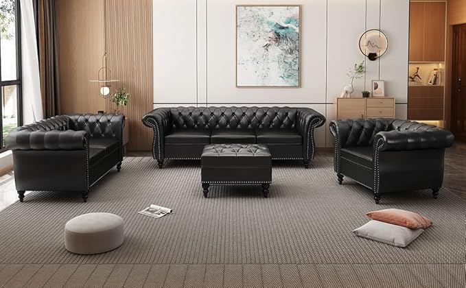 AVZEAR Chesterfield Leather Sofa 3 Seater Couch Mid-Century Large Sofa Roll Arm Classic Tufted Settee Modern PU Sofa with Channel Tufted Seat Back for Living Room Office Apartment PU Black