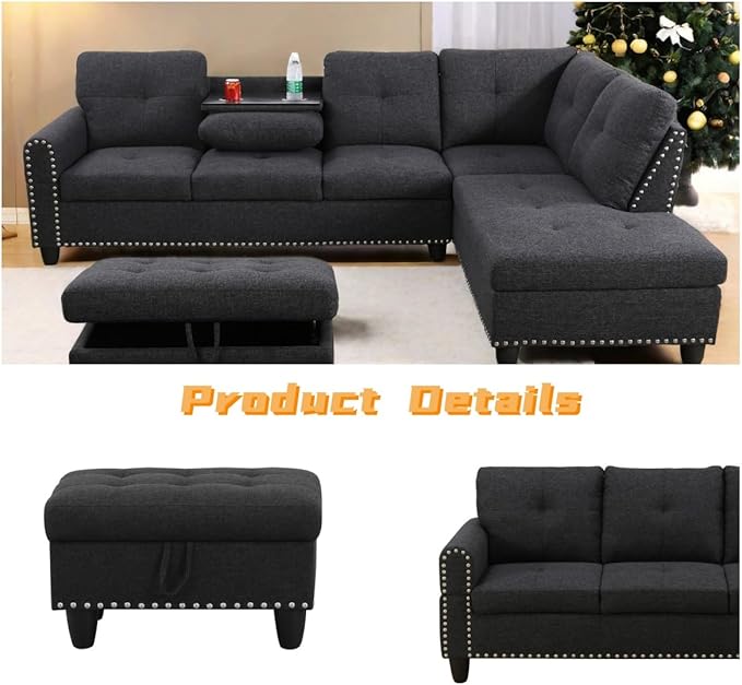 FONTOI L Shaped Sectional Couch with Otttoman 97 Sectional Sofa for Living Room Flannel Modular Couches with Cup Holders for Bedroom Apartments Black Grey