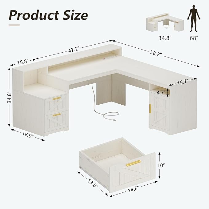 63 Farmhouse L Shaped Executive Desk with Drawers &amp Storage Shelf Corner Computer Desk with Power Outlets L Shaped Office Desk with Monitor Stand Printer Shelf White