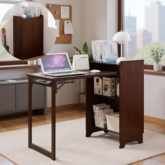 Wall Mounted Office Desk Fold Out Convertible Computer Desks with Storage Shelves Multi-Function Folding Wall Desk Writing Table for for Small Spaces Home Office (Walnut)