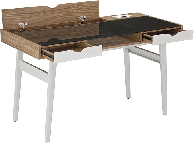 51 Compact Computer Desk with Black Tempered Glass Top Easy-Access Back Storage Compartment 2 Drawers Open Shelf and Cable Management Stylish Home Office Desk with White Steel Frame Walnut
