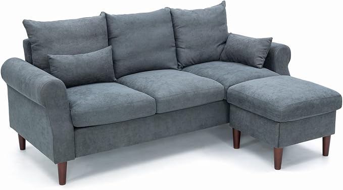 Panana Sectional Sofa Modern Deep 3-Seat Sofa Couch with Ottoman Upholstered Furniture for Living Room Apartment Studio Office (Grey Linen Rolled Arms)