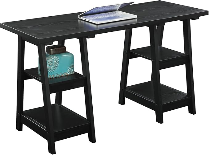 Pemberly Row Double Trestle Computer Desk 54 in Wide Black Wood Grain Finish 4 Fixed Shelves Contemporary Style Office Desk for Home or Indoor Workstation Use