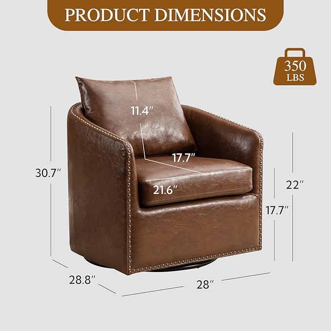 360 Degree Swivel Accent Chair Set of Two with Plump Back Pillow Waterproof Oil Waxed PU Leather Swivel Armchair with Rivets Comfy Vintage Round Barrel Chair for Living Room