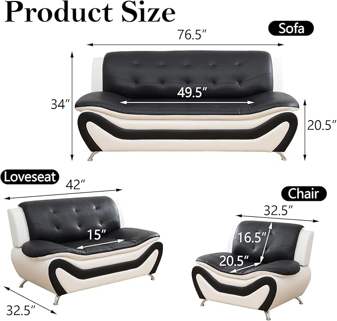 Living Room Furniture Sets 3 Piece Faux Leather Sofa Set White and Black Couch Set for Home Apartment Office(Sofa)