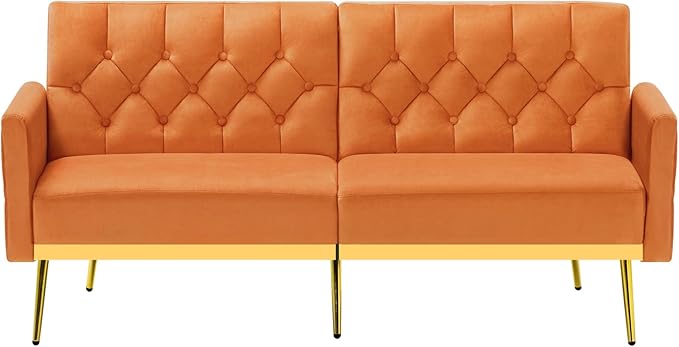 Velvet Sofa Bed w/Adjustable Armrests and Backrests Modern Convertible Sleeper Sofa Tufted Futon Sofa for Bedroom Living Room Apartment Orange