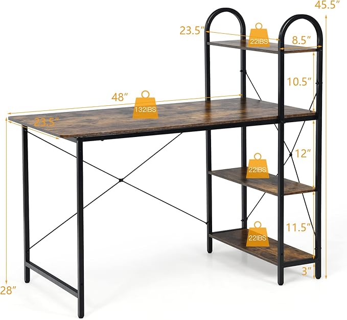 Tangkula 48-Inch Reversible Computer Desk with Storage Shelves Home Office Study Writing Desk with Bookshelves Writing Computer Workstation Home Office Desk (Rustic Brown)