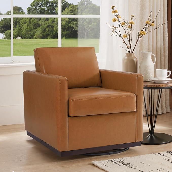Swivel Barrel Accent Chair Mid Century Modern Arm Chair for Living Room Bedroom Comfy Club Reading Lounge Sofa Corner Chairs for Adults (Leather Light Brown Set of 1)