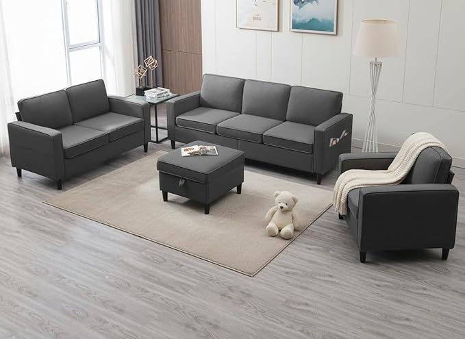 3 Pieces Living Room Sofa Set Linen Couch and Loveseat &amp Chair Sets with Ottoman &amp Armchair Modular Sectional Sofa Couch Furniture Set Wood Legs Sofas Couches for Living Room - Dark Grey
