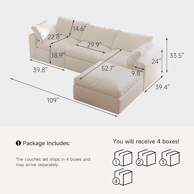109’’ Cloud Couch for Living Room Boneless Modular Sectional Sofa L-Shape with Ottoman Washable Cushion Cover No Assembly Required White (3-Seat + 1 Ottoman)