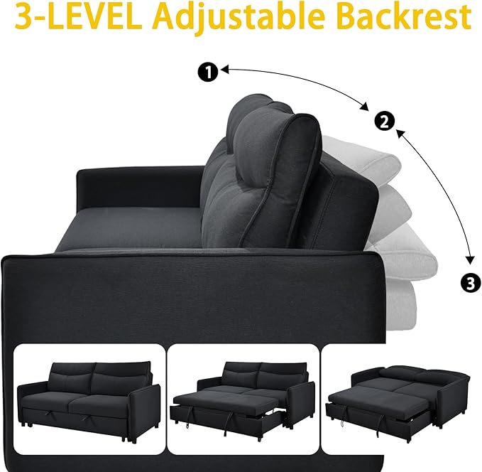 THSUPER 75‘’ Queen Size Sofa Bed Loveseat Sleeper Sofa with Pull Out Bed Convertible Small Sleeper Couch Bed for Living Room/RV/Apartment (Black) | 3 in 1 sofa bed adjustable backrest