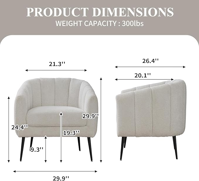 Modern Accent Chair Chenille Upholstered Accent Single Sofa with Metal Legs Tufted Lounge Chair with Wraparound Backrest Leisure Armchair for Living Room Office (Ivory)