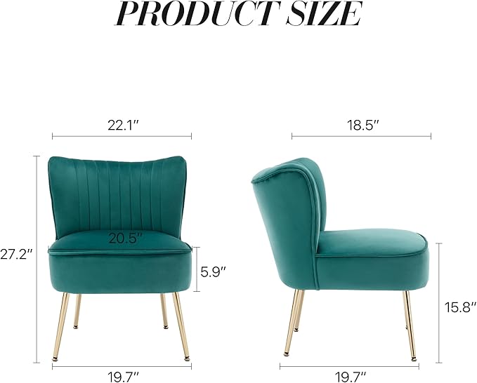 KCC Modern Velvet Upholstered Accent Chair Set of 2Mid Century Living Room Chairs with Golden LegsComfy Armless Chair Wingback Single Sofa Side Chair for BedroomDark Green