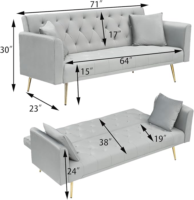 71 Modern Velvet Sofa Bed Futon Convertible Sleeper Couch with Adjustable Backrest Tufted Recliner Loveseat with Golden Chrome Legs &amp 2 Pillows for Small Spaces Living Room Apartment (Gray)