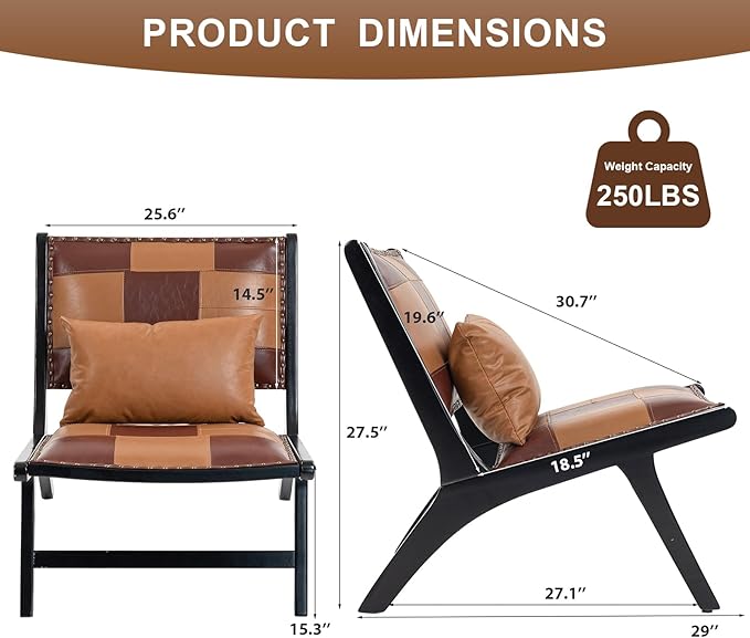 Mid-Century Modern Accent Chair Low-Profile Lounge Chair with Solid Wood Frame Faux Leather Upholstered Patchwork Design for Living Room Bedroom &amp Reading Corner(Antique Brown)