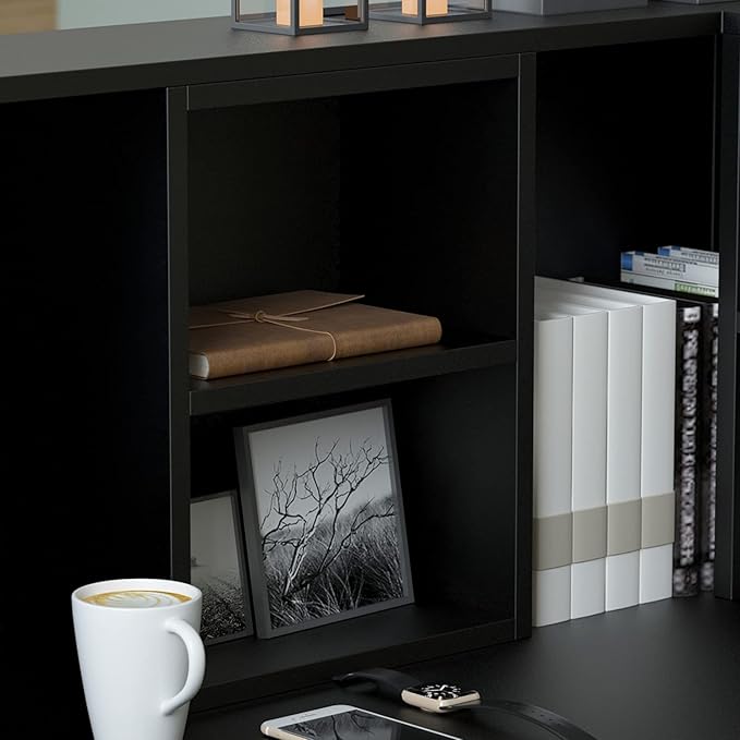 Homsee Reception Desk L-Shaped Office Desk with Counter 1 Door Storage Cabinet 1 Lockable Drawer Hutch Shelf and Keyboard Tray Black