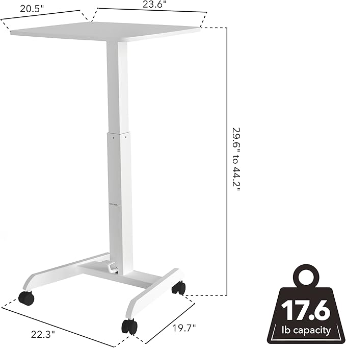 Mount-It! Adjustable Rolling Laptop Desk Mobile Standing Desk with Wheels Small Sit-Stand Computer Cart for Home Office or Classroom 29.6–44.2 Height 23.6x20.5 Desktop White