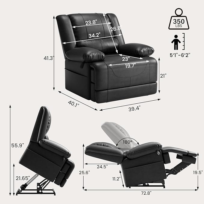 Large Dual Motor Power Lift Recliner Chair with Massage and Heat for Elderly People Infinite PositionUSB Ports and Remote ControlBreathable Leather (Black)