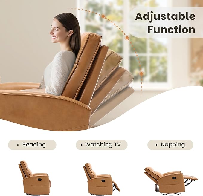 CANMOV Leather Recliner Chair Swivel Rocker Recliner Chair 360°Swivel Nursery Glider Recliner Manual Recliner for Small SpacesLiving RoomBedroomBrown
