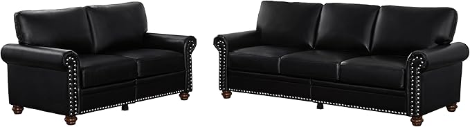 Faux Leather Sofa Set of 2: Love Seat +3 Seat Couch Underseat Storage Classic Sofa Elegance Rolled Armrests Nailhead Trim Wood Legs Classic Living Room Accent 2+3 Seat-Black
