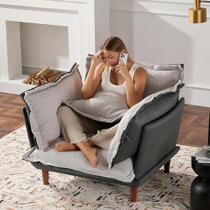 Leather Oversized Armchair Modern Accent Chair Single Sofa Lounge Chair Leather and Fabric Two-Faced Material 43.5 Wide 21.3 Seat Deepth for Living Room Bedroom (Blue Grey)