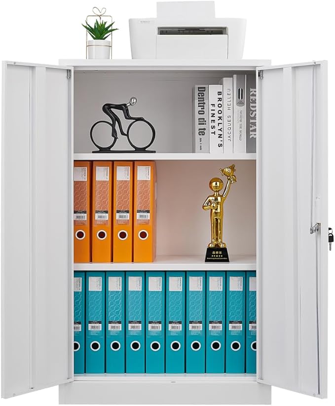 Metal Storage Cabinet with Lock 2-Door Folding File Cabinet with Adjustable Shelf 42 Heavy-Duty Storage Locker for Home Office School Garage (White)