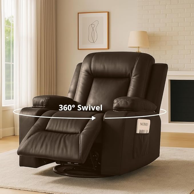 COMHOMA Recliner ChairPU Rocking Chair for AdultsSwivel Recliner with Cup HoldersSingle Sofa Seat with Side Pockets for Living RoomBedroom(Brown)