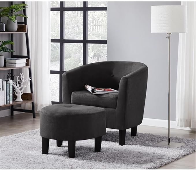 Devion Furniture 57 H Transitional Polyester Fabric Upholstered Button Tufted Accent Chair with Ottoman Easy Assembly for Living Room/Home Office in Dark Gray &amp Black Finish