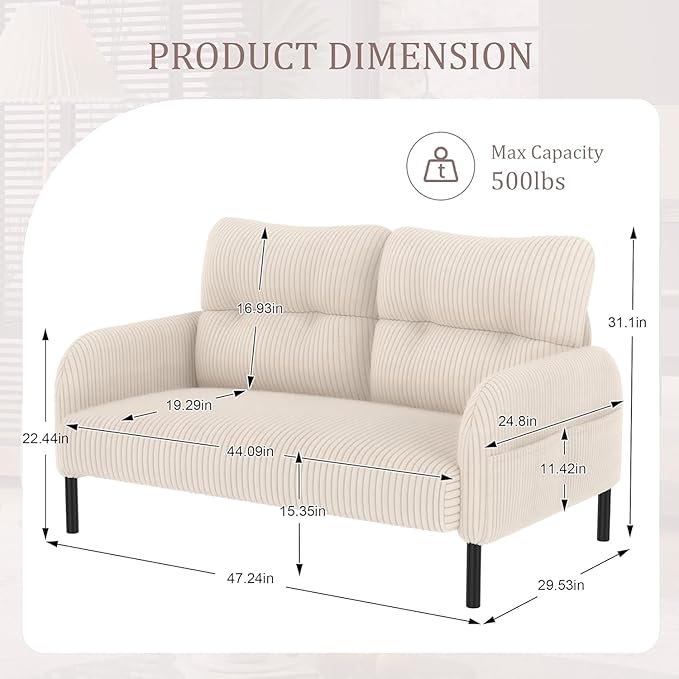 Corduroy Loveseat for Living Room &amp Bedroom - Modern 2-Seater Sofa with Storage PocketsSolid Wood Frame High-Density FoamComfortable Compact Couch for Small Spaces500 lb Capacity (Beige)