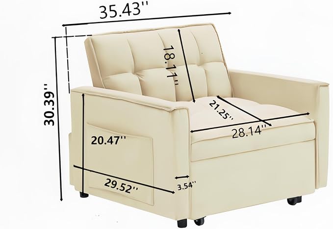 Sleeper Chair Pull Out Chair Sleeper with Adjustable Back &amp Pocket Convertible Chairs Bed Sleepers for Adults 3 in 1 Sofa Bed Chairs for Small Spaces Living Room White