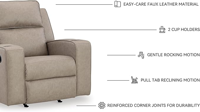 Signature Design by Ashley Lavenhorne Contemporary Faux Leather Upholstered Manual Rocker Recliner with 2 Cup Holders Beige
