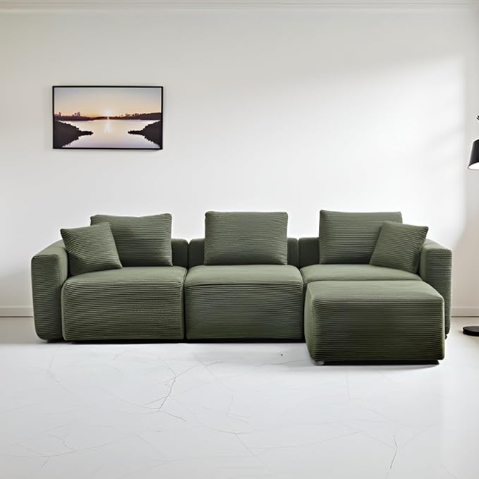 Karl home 112 Sectional Couch with Movable Ottoman Modern Corduroy Cloud Sofa Set with Deep Seat Convertible L-Shape Boneless Couch for Living Room Apartment Studio Green