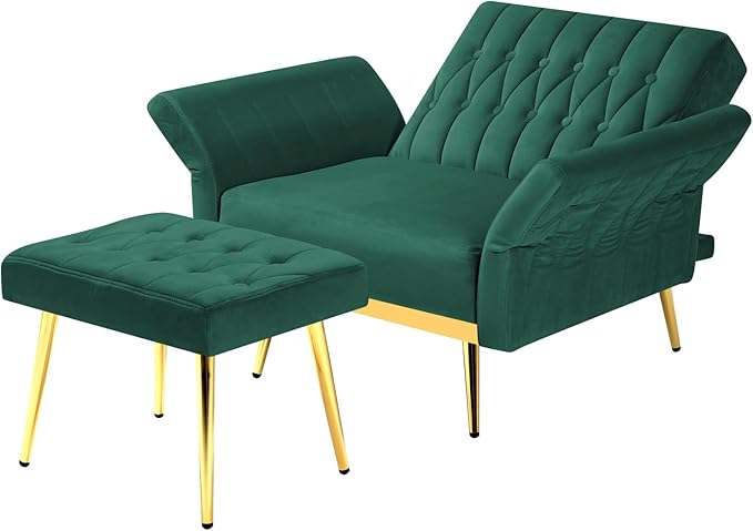 Velvet Accent Chair with Adjustable Backrest and Armrests Single Recliner Armchair with Ottoman and Golden Mental Legs for Living Room Bedroom and Waiting Room Green
