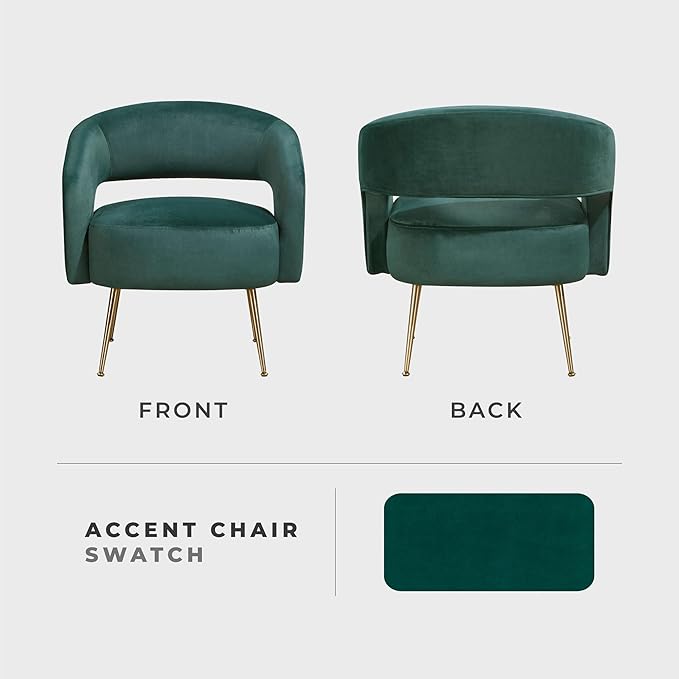 Lexicon Mid-Century Modern Velvet Accent Chair with Open Back Gold Metal Legs Upholstered Curved Barrel Armchair for Living Room/Bedroom/Office Easy Assembly Dark Green